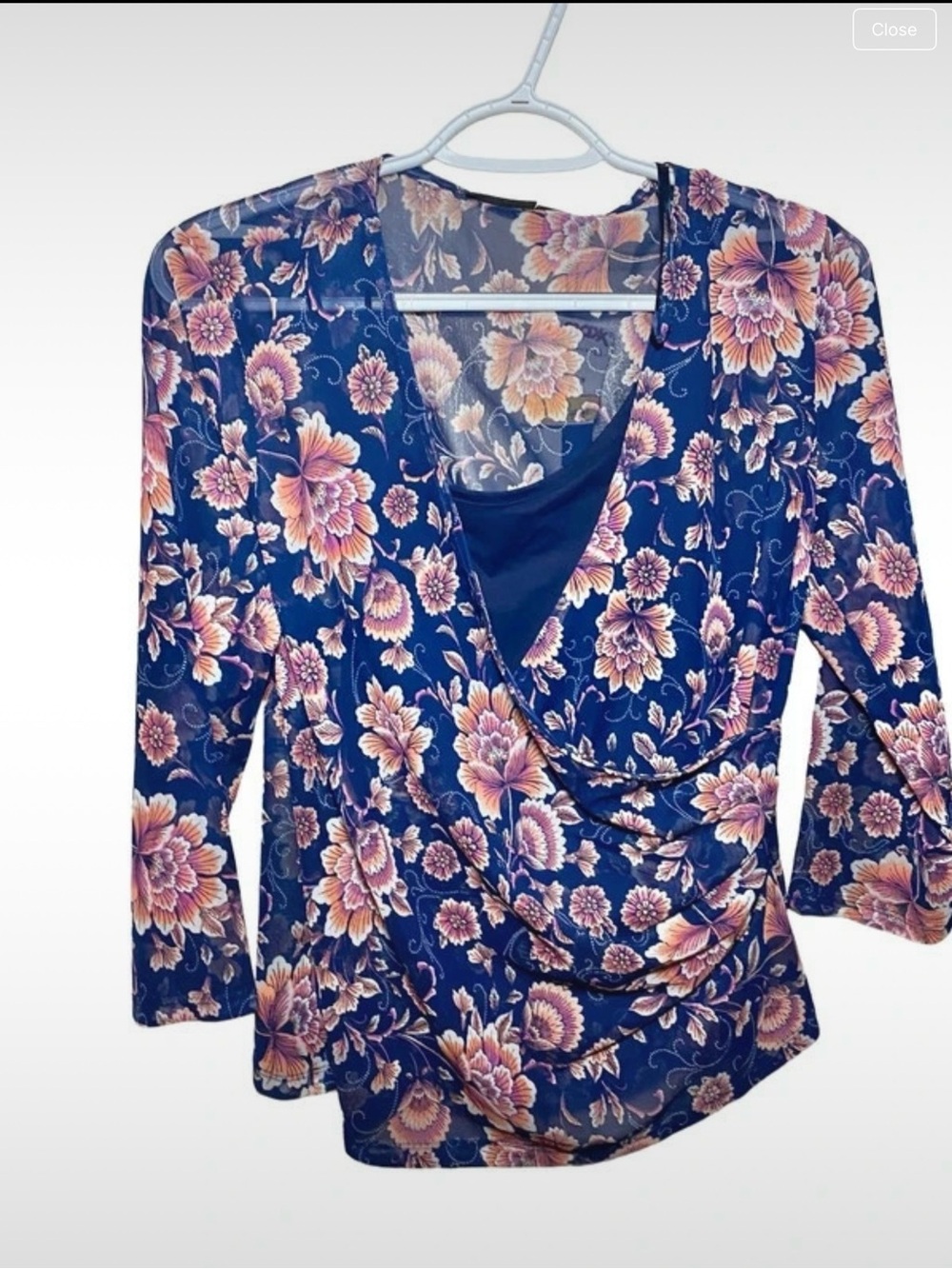 Tahari Navy Floral Draped Wrap-Style Blouse